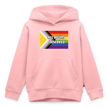 Inclusive Pride Progress Flag ALL RIGHTS DESERVED - Kids Premium Organic Hoodie - rose - Front - AI Model Kid Female (0cm)
