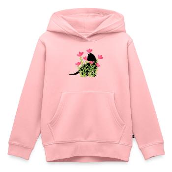 Frühlingsdesign - schwarze Katze im Blumenbeet - Kinder Premium Organic Hoodie - Rosa - Vorne - AI Model Kid Female (0cm)