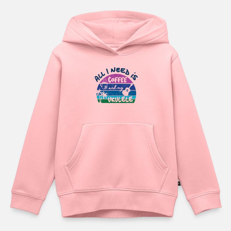 Tout ce dont j’ai besoin, c’est de café et de mon ukulélé - coucher de soleil rétro - Sweat Premium à capuche enfant bio - rose
