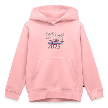 Norvège 2025 Lieu jaune avec montagnes et pêche à l’orignal - Sweat Premium à capuche enfant bio - rose - Devant - AI Model Kid Female (0cm)
