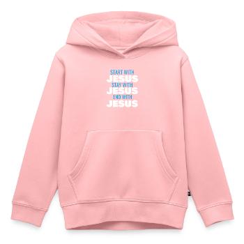 COMMENCEZ AVEC JÉSUS RESTEZ AVEC JÉSUS FIN AVEC JÉSUS - Sweat Premium à capuche enfant bio - rose - Devant - AI Model Kid Female (0cm)