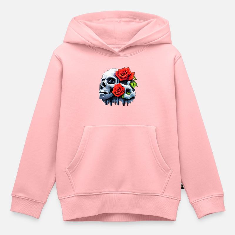 8Bit Skull - Les 2 Roses - Sweat Premium à capuche enfant bio - rose