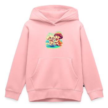 Chiot et fille jouant dans l’eau sur la plage - Sweat Premium à capuche enfant bio - rose - Devant - AI Model Kid Female (0cm)