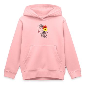 Frau mit roten und gelben Hibiskusblüten - Kinder Premium Organic Hoodie - Rosa - Vorne - AI Model Kid Female (0cm)