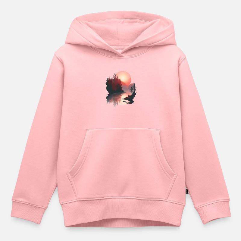 Coucher de soleil, Réflexion, Forêt, Scène - Sweat Premium à capuche enfant bio - rose