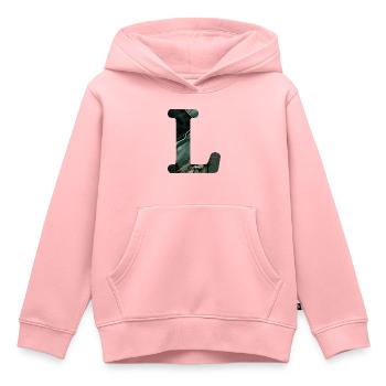 Lettre l marbré vert - Sweat Premium à capuche enfant bio - rose - Devant - AI Model Kid Female (0cm)