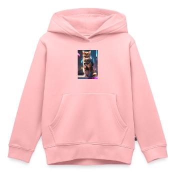 Chat Cyberpunk - Sweat Premium à capuche enfant bio - rose - Devant - AI Model Kid Female (0cm)
