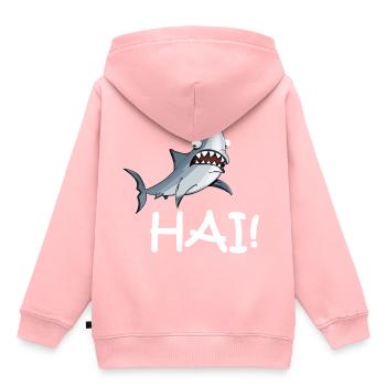 Requin avec inscription - Sweat Premium à capuche enfant bio - rose - Dos - AI Model Kid Female (0cm)