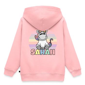 Nom de la licorne Sarah - Sweat Premium à capuche enfant bio - rose - Dos - AI Model Kid Female (0cm)