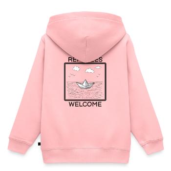 Les réfugiés accueillent un cadeau de démonstration pour les réfugiés - Sweat Premium à capuche enfant bio - rose - Dos - AI Model Kid Female (0cm)