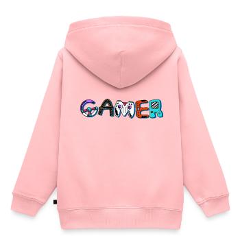 Gamer Word avec des pièces de jeux vidéo - Sweat Premium à capuche enfant bio - rose - Dos - AI Model Kid Female (0cm)