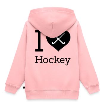 J'aime le hockey J'aime les bâtons de hockey sur gazon - Sweat Premium à capuche enfant bio - rose - Dos - AI Model Kid Female (0cm)