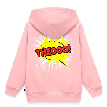 Theo nom drôle bulle de texte Theooo ! - Sweat Premium à capuche enfant bio - rose - Dos - AI Model Kid Female (0cm)