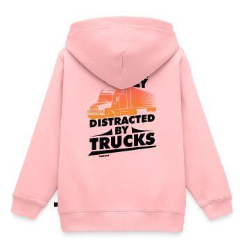 Facilement distrait par les camions - Sweat Premium à capuche enfant bio - rose - Dos - AI Model Kid Female (0cm)