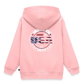 Dicton d’anniversaire né aux États-Unis en 1970 - Sweat Premium à capuche enfant bio - rose - Dos - AI Model Kid Female (0cm)