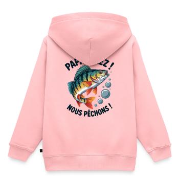 Papa allez! Nous pêchons ! Perche sautante - Sweat Premium à capuche enfant bio - rose - Dos - AI Model Kid Female (0cm)