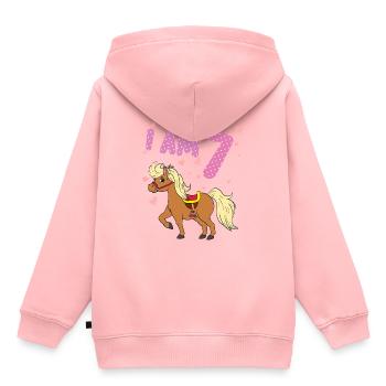 Poney I À 7 ans cheval 7ème anniversaire - Sweat Premium à capuche enfant bio - rose - Dos - AI Model Kid Female (0cm)