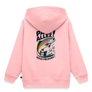 Papa allez! Nous pêchons ! Truite sautante - Sweat Premium à capuche enfant bio - rose - Dos - AI Model Kid Female (0cm)