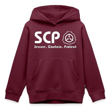 SCP Foundation, Secure. Protect. Contain - Kinder Premium Organic Hoodie - Burgunderrot - Vorne - AI Model Kid Female (0cm)