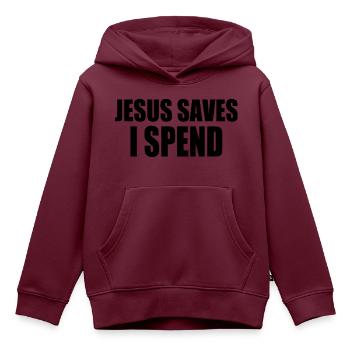 Jesus saves i spend - Kinder Premium Organic Hoodie - Burgunderrot - Vorne - AI Model Kid Female (0cm)