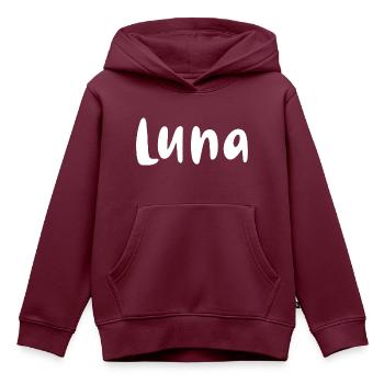 Name, Schrift,weiss,luna - Kinder Premium Organic Hoodie - Burgunderrot - Vorne - AI Model Kid Female (0cm)