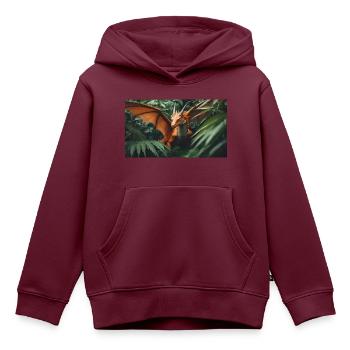 Ein realistischer grün-orangefarbener Drache im Outback - Kinder Premium Organic Hoodie - Burgunderrot - Vorne - AI Model Kid Female (0cm)