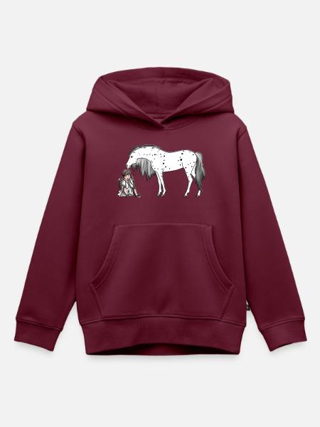 Mädchen sitzt beim Pony Pferd - Kinder Premium Organic Hoodie - Burgunderrot