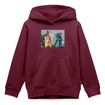 Industriekultur im Ruhrgebiet, Zeche, Bergbau - Kinder Premium Organic Hoodie - Burgunderrot - Vorne - AI Model Kid Female (0cm)