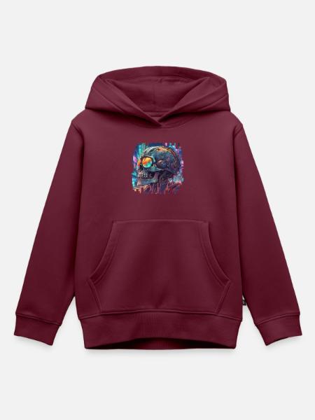 Cyberpunk Skull // NeonByte Cranium - Kinder Premium Organic Hoodie - Burgunderrot