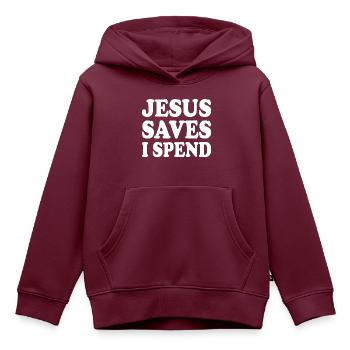 jesus saves i spend - Kinder Premium Organic Hoodie - Burgunderrot - Vorne - AI Model Kid Female (0cm)