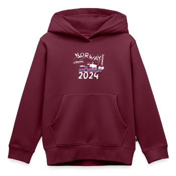 Norwegen 2024 Dorsch mit Bergen und Elch Angeln - Kinder Premium Organic Hoodie - Burgunderrot - Vorne - AI Model Kid Female (0cm)