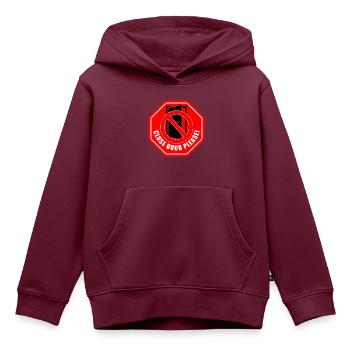 Tuer schliessen bitte | Tür schließen bitte - Kinder Premium Organic Hoodie - Burgunderrot - Vorne - AI Model Kid Female (0cm)