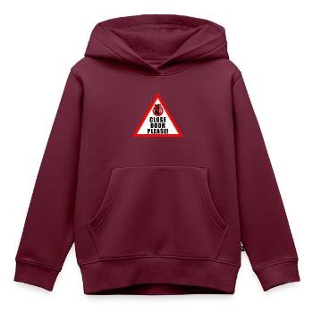 Tuer schliessen bitte | Tür schließen bitte - Kinder Premium Organic Hoodie - Burgunderrot - Vorne - AI Model Kid Female (0cm)