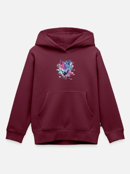 Wolf Wolfskopf Bunt Splash Natur Wildnis Kunst - Kinder Premium Organic Hoodie - Burgunderrot
