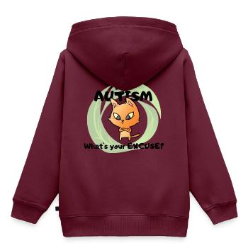 "Ich habe AUTISMUS, was ist deine Entschuldigung?" - Kinder Premium Organic Hoodie - Burgunderrot - Hinten - AI Model Kid Female (0cm)
