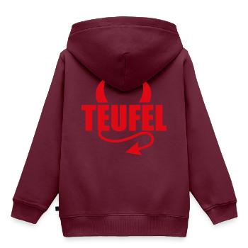 TEUFEL - HÖLLE - TEUFLISCH - TEUFELCHEN - Kinder Premium Organic Hoodie - Burgunderrot - Hinten - AI Model Kid Female (0cm)
