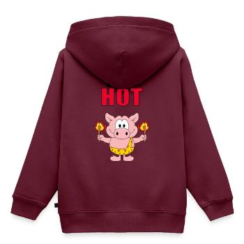 I AM HOT - SCHWEIN - FEUER - STEINZEIT - TIER - Kinder Premium Organic Hoodie - Burgunderrot - Hinten - AI Model Kid Female (0cm)