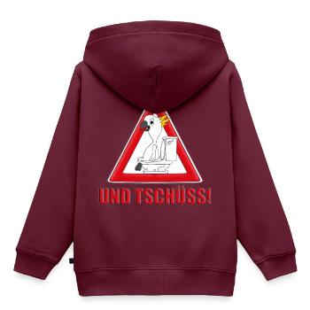 ACHTUNG KAKADU - WC - TOILETTE - UND TSCHÜSS! - Kinder Premium Organic Hoodie - Burgunderrot - Hinten - AI Model Kid Female (0cm)