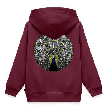 Pfau in Holzschnitt-Optik - Kinder Premium Organic Hoodie - Burgunderrot - Hinten - AI Model Kid Female (0cm)
