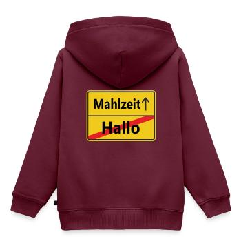 Hallo? Mahlzeit! - Kinder Premium Organic Hoodie - Burgunderrot - Hinten - AI Model Kid Female (0cm)