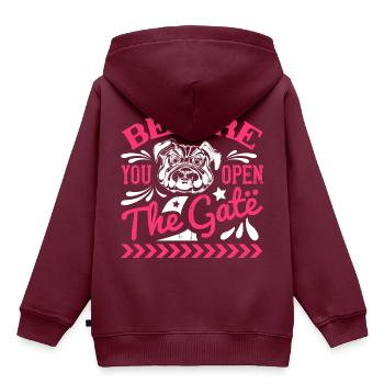 Bevor Sie das Tor öffnen - Kinder Premium Organic Hoodie - Burgunderrot - Hinten - AI Model Kid Female (0cm)
