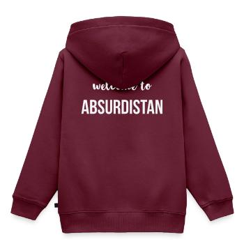 welcome to ABSURDISTAN - Kinder Premium Organic Hoodie - Burgunderrot - Hinten - AI Model Kid Female (0cm)