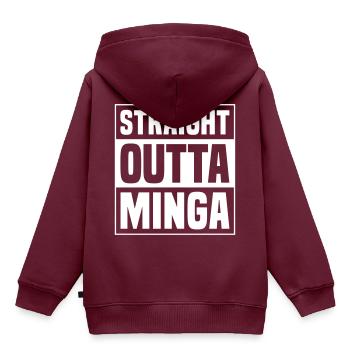 STRAIGHT OUTTA MINGA | MÜNCHEN - Kinder Premium Organic Hoodie - Burgunderrot - Hinten - AI Model Kid Female (0cm)