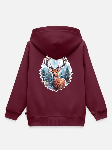 Winterlandschaft mit Hirsch - Kinder Premium Organic Hoodie - Burgunderrot
