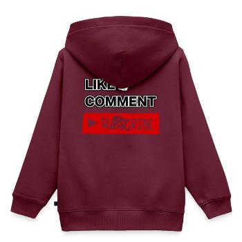 Gefällt mir, Kommentar, Abonnieren. - Kinder Premium Organic Hoodie - Burgunderrot - Hinten - AI Model Kid Female (0cm)