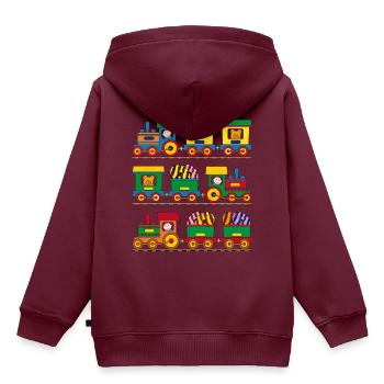 Kleine Eisenbahnen mit Teddys und Donuts - Kinder Premium Organic Hoodie - Burgunderrot - Hinten - AI Model Kid Female (0cm)