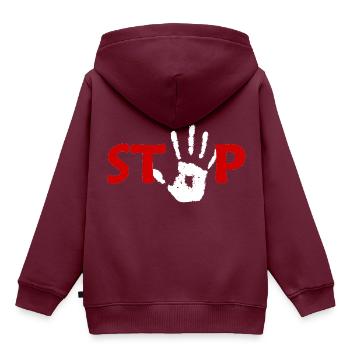 Hand Stop in ROT Weiß - Kinder Premium Organic Hoodie - Burgunderrot - Hinten - AI Model Kid Female (0cm)