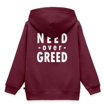 Need over Greed- Gier Gesellschaft, nachhaltig - Kinder Premium Organic Hoodie - Burgunderrot - Hinten - AI Model Kid Female (0cm)