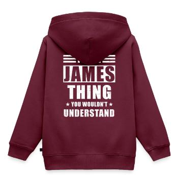 James Geschenk - Kinder Premium Organic Hoodie - Burgunderrot - Hinten - AI Model Kid Female (0cm)