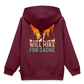 Will Hike For Cache Funny Geocaching - Kinder Premium Organic Hoodie - Burgunderrot - Hinten - AI Model Kid Female (0cm)
